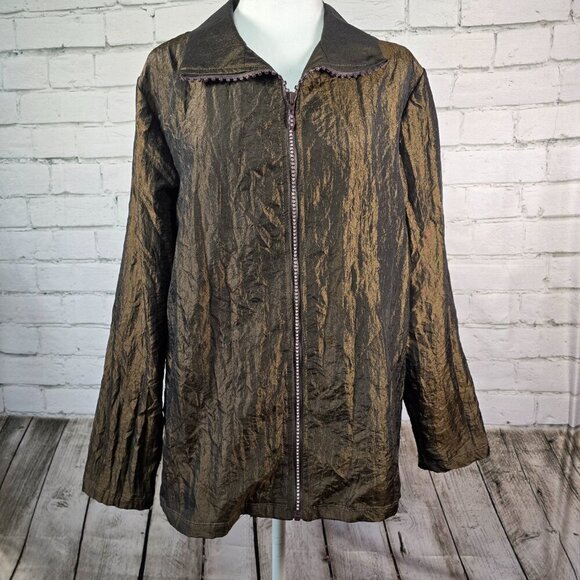 WOMENS BRONZE WINDBREAKER BY CACTUS, CRINKLED27, RHINESTONE ZIPPER SIZE MED EUC - Picture 1 of 7